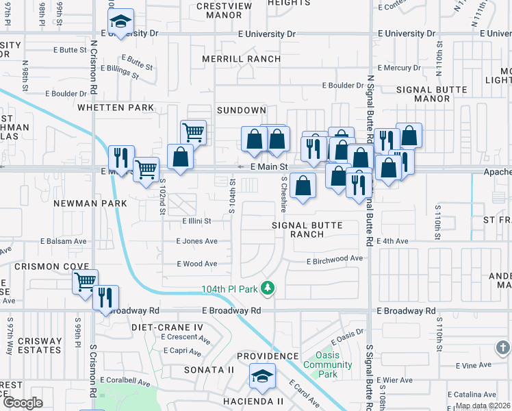 map of restaurants, bars, coffee shops, grocery stores, and more near 10449 East Abilene Avenue in Mesa