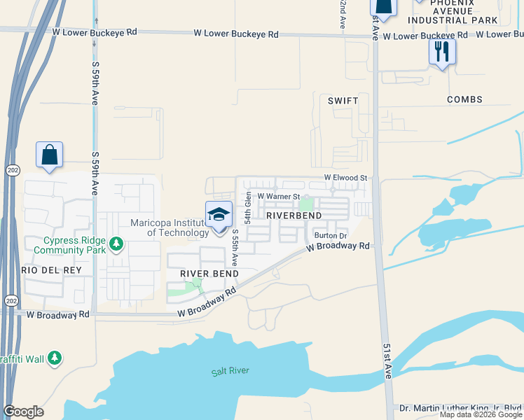 map of restaurants, bars, coffee shops, grocery stores, and more near 5421 West Warner Street in Phoenix