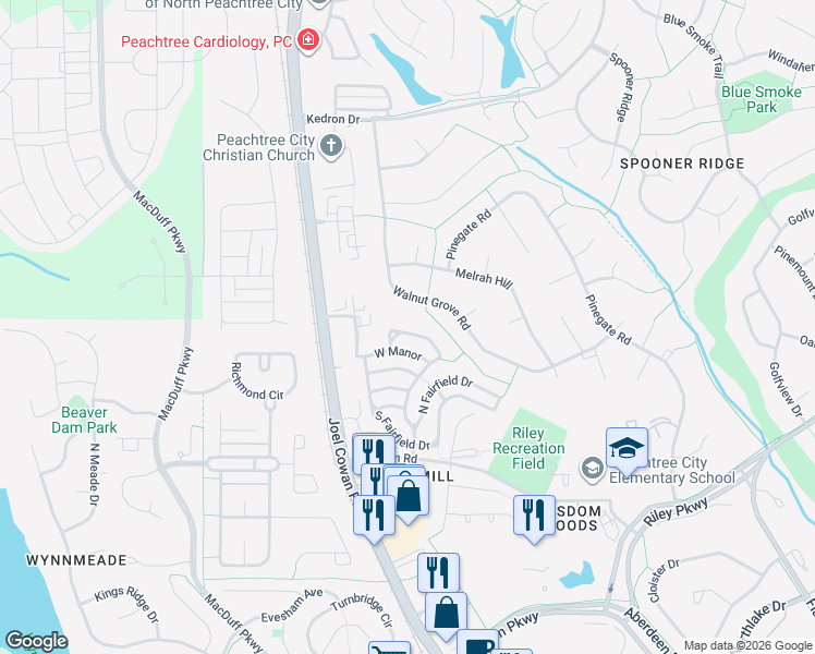 map of restaurants, bars, coffee shops, grocery stores, and more near 561 North Fairfield Drive in Peachtree City