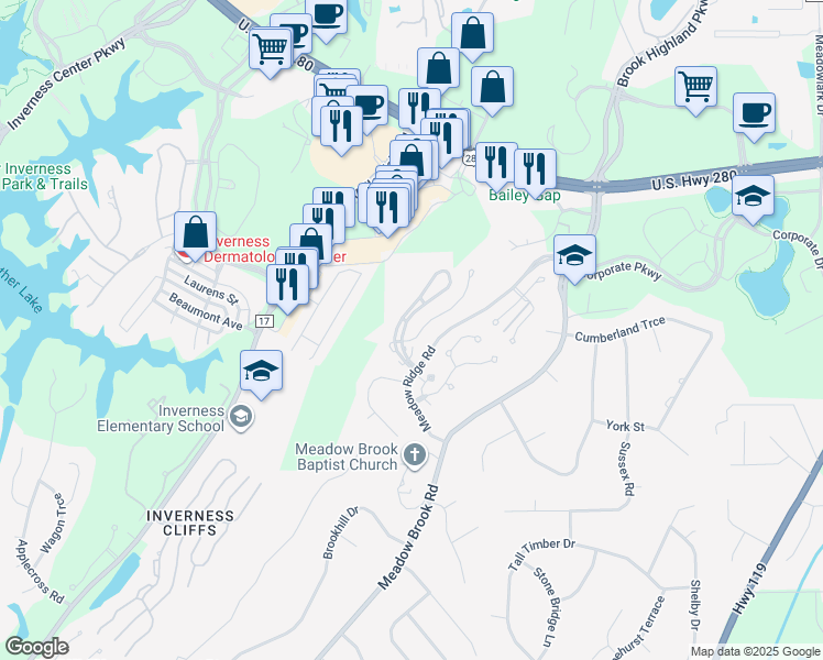 map of restaurants, bars, coffee shops, grocery stores, and more near 216 Morning Sun Drive in Birmingham