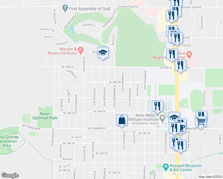 map of restaurants, bars, coffee shops, grocery stores, and more near 1712 North Washington Avenue in Roswell