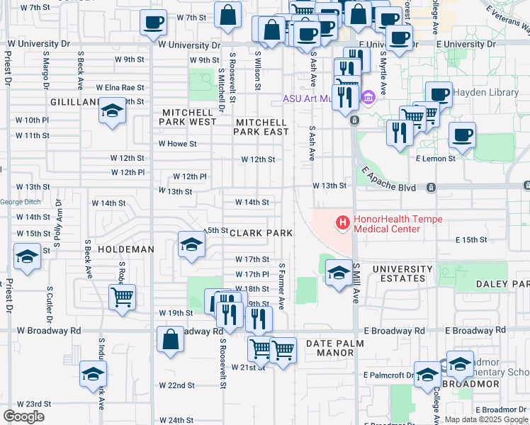 map of restaurants, bars, coffee shops, grocery stores, and more near in Tempe