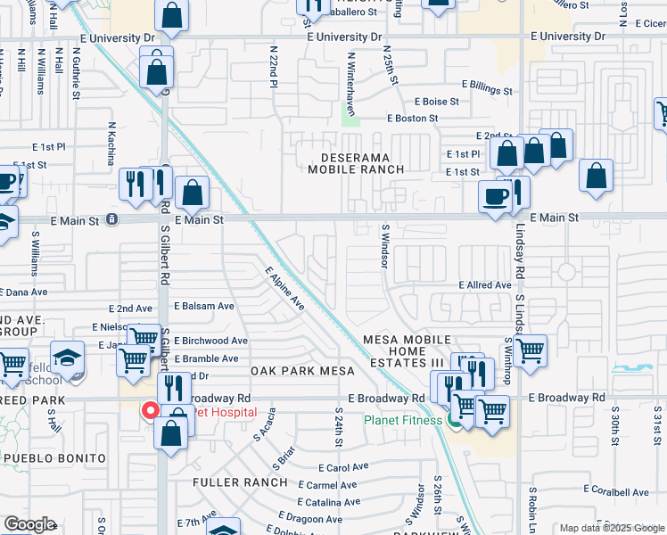 map of restaurants, bars, coffee shops, grocery stores, and more near 2345 East Main Street in Mesa