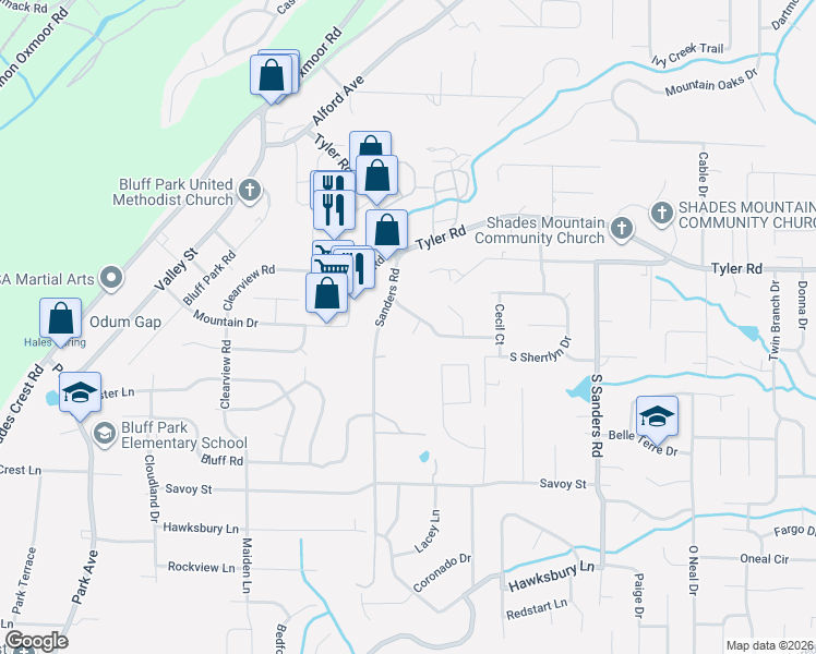 map of restaurants, bars, coffee shops, grocery stores, and more near 2212 McGwier Drive in Birmingham