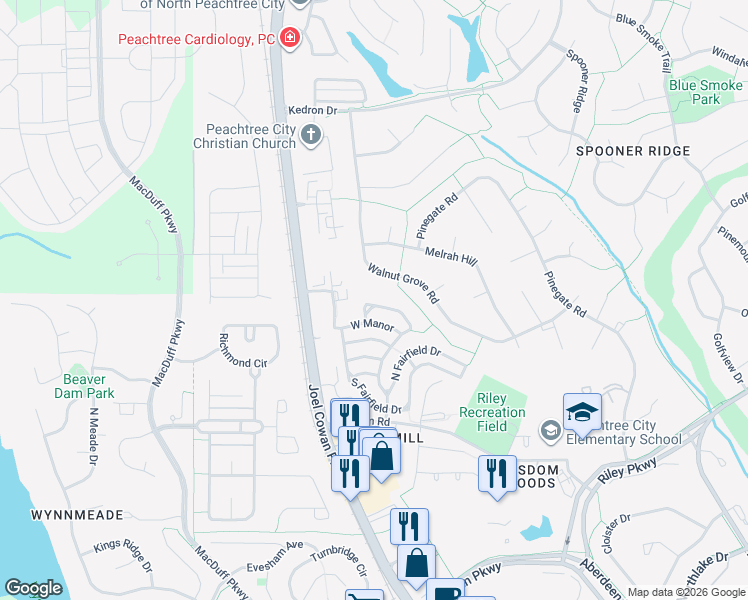 map of restaurants, bars, coffee shops, grocery stores, and more near 565 North Fairfield Drive in Peachtree City
