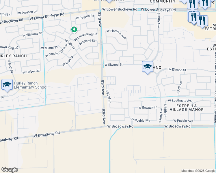 map of restaurants, bars, coffee shops, grocery stores, and more near 8242 West Albeniz Place in Phoenix