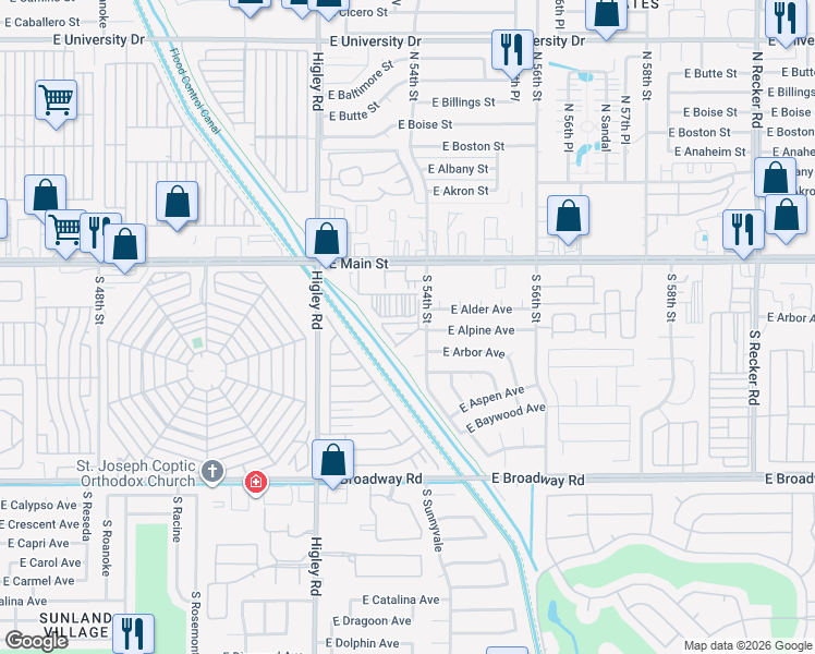 map of restaurants, bars, coffee shops, grocery stores, and more near South Mobile Home Park in Mesa