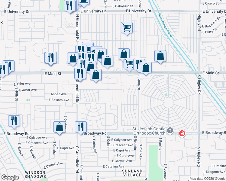 map of restaurants, bars, coffee shops, grocery stores, and more near South Quinn Circle in Mesa