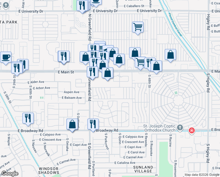 map of restaurants, bars, coffee shops, grocery stores, and more near 4517 East Main Street in Mesa
