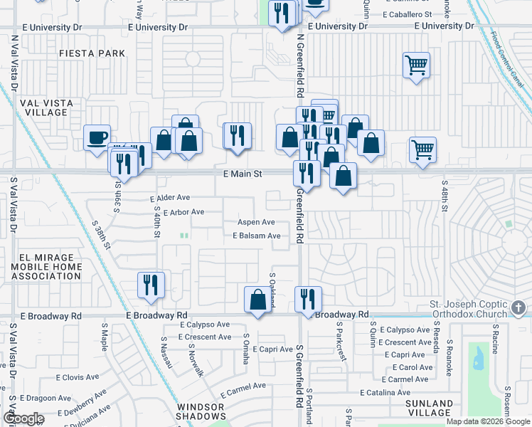 map of restaurants, bars, coffee shops, grocery stores, and more near 44 South Greenfield Road in Mesa