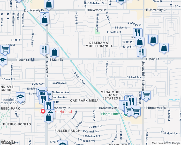 map of restaurants, bars, coffee shops, grocery stores, and more near 2345 East Main Street in Mesa