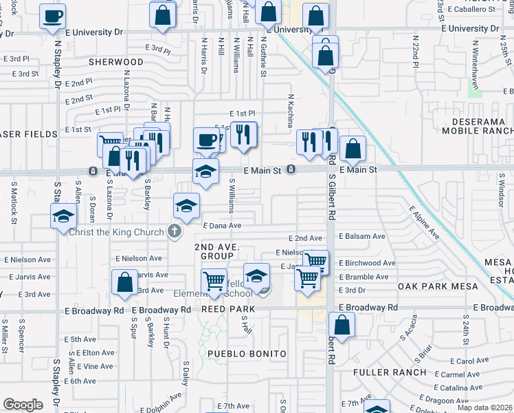 map of restaurants, bars, coffee shops, grocery stores, and more near 1755 East Main Street in Mesa