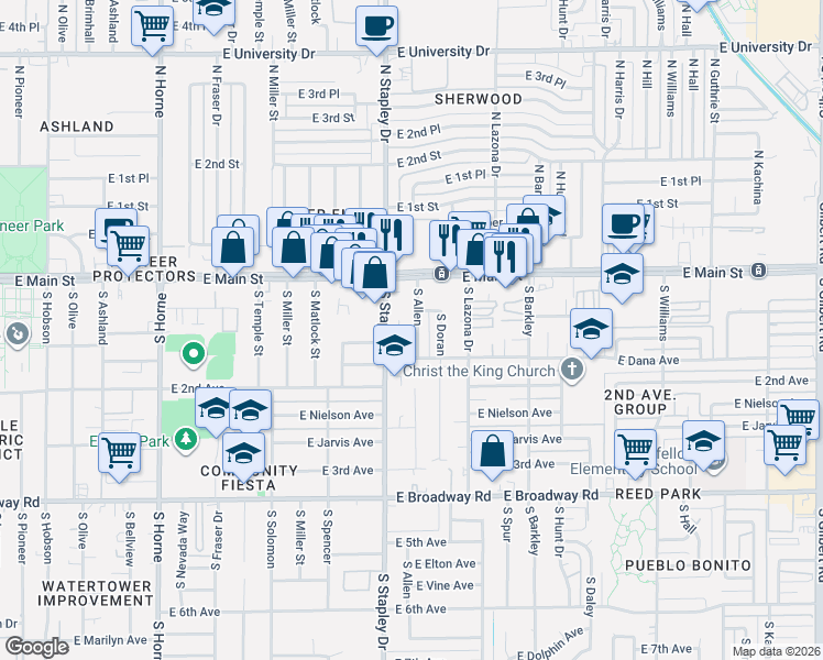map of restaurants, bars, coffee shops, grocery stores, and more near 27 East Mahoney Avenue in Mesa