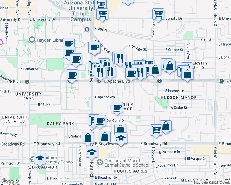 map of restaurants, bars, coffee shops, grocery stores, and more near 1111 East Apache Boulevard in Tempe