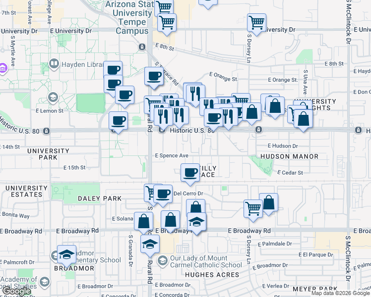 map of restaurants, bars, coffee shops, grocery stores, and more near 1111 East Apache Boulevard in Tempe