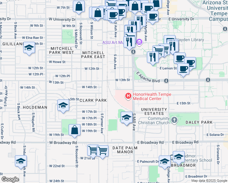 map of restaurants, bars, coffee shops, grocery stores, and more near 1319 South Ash Avenue in Tempe