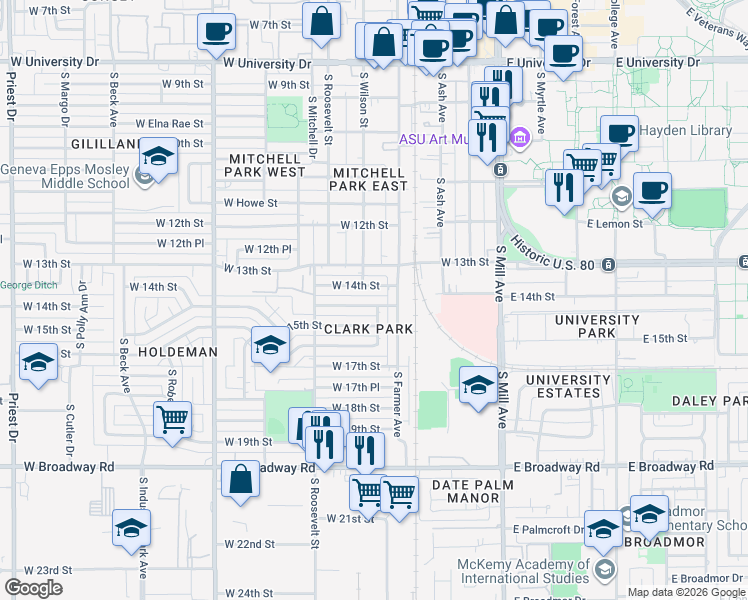 map of restaurants, bars, coffee shops, grocery stores, and more near in Tempe