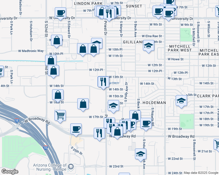 map of restaurants, bars, coffee shops, grocery stores, and more near 1315 South Darrow Drive in Tempe