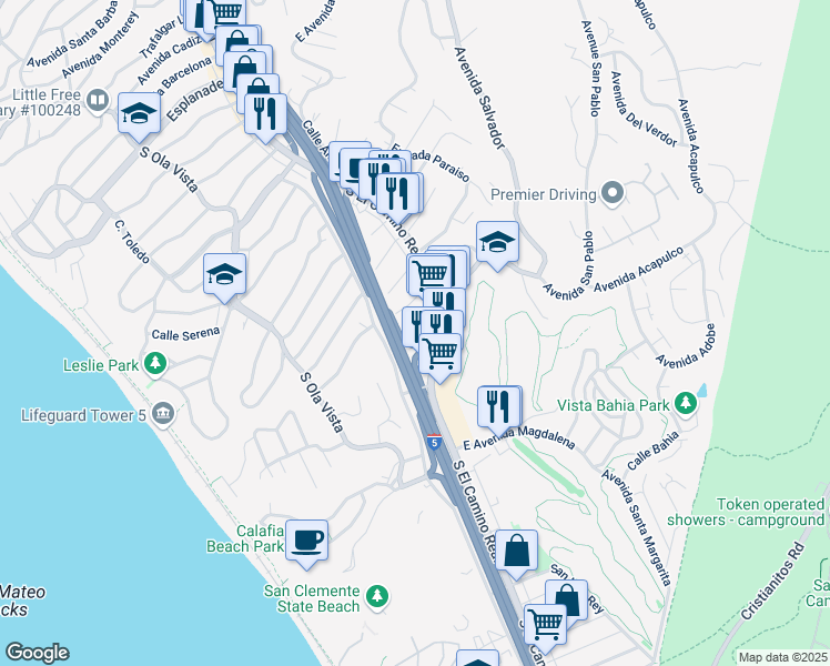 map of restaurants, bars, coffee shops, grocery stores, and more near 17 West Avenida San Gabriel in San Clemente