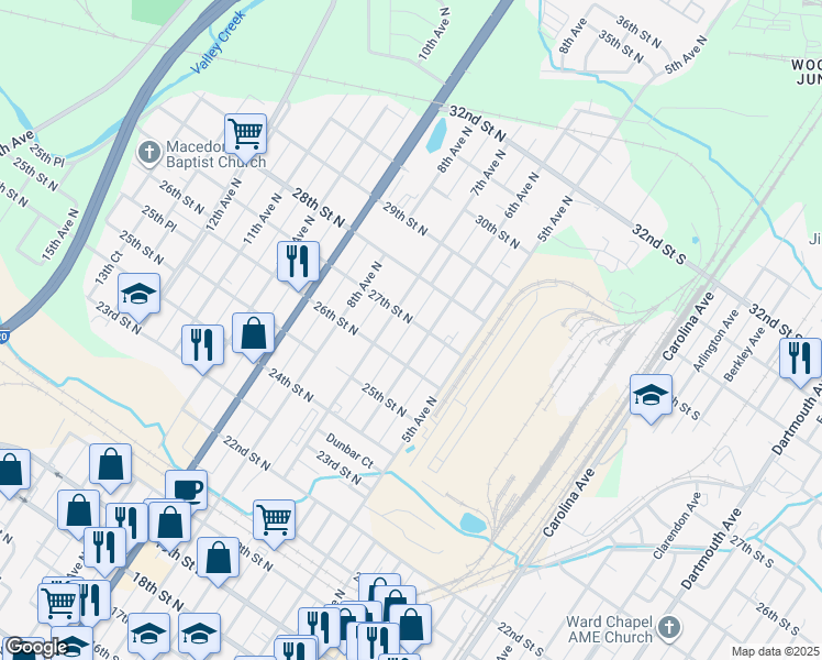 map of restaurants, bars, coffee shops, grocery stores, and more near 619 27th Street North in Bessemer