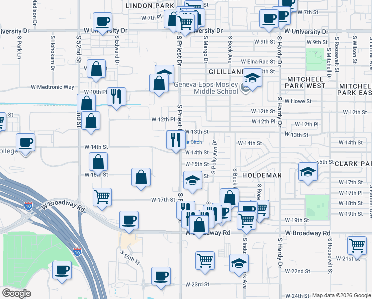 map of restaurants, bars, coffee shops, grocery stores, and more near 1315 South Darrow Drive in Tempe