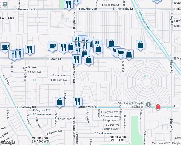 map of restaurants, bars, coffee shops, grocery stores, and more near 4517 East Main Street in Mesa