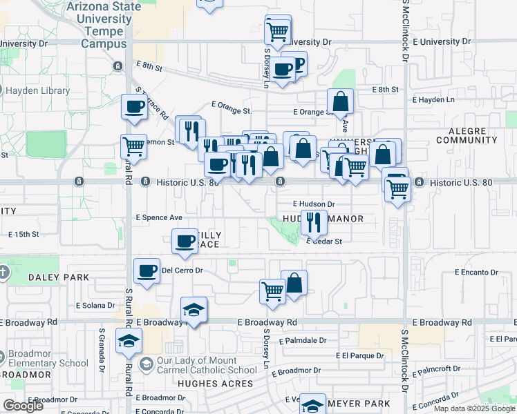 map of restaurants, bars, coffee shops, grocery stores, and more near 1221 East Apache Boulevard in Tempe