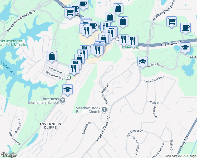 map of restaurants, bars, coffee shops, grocery stores, and more near 1005 Morning Sun Drive in Meadowbrook