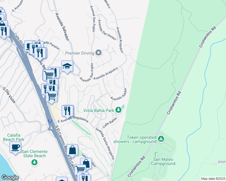 map of restaurants, bars, coffee shops, grocery stores, and more near 223 Avenida Adobe in San Clemente