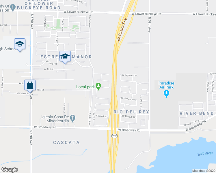 map of restaurants, bars, coffee shops, grocery stores, and more near 3718 South 62nd Avenue in Phoenix
