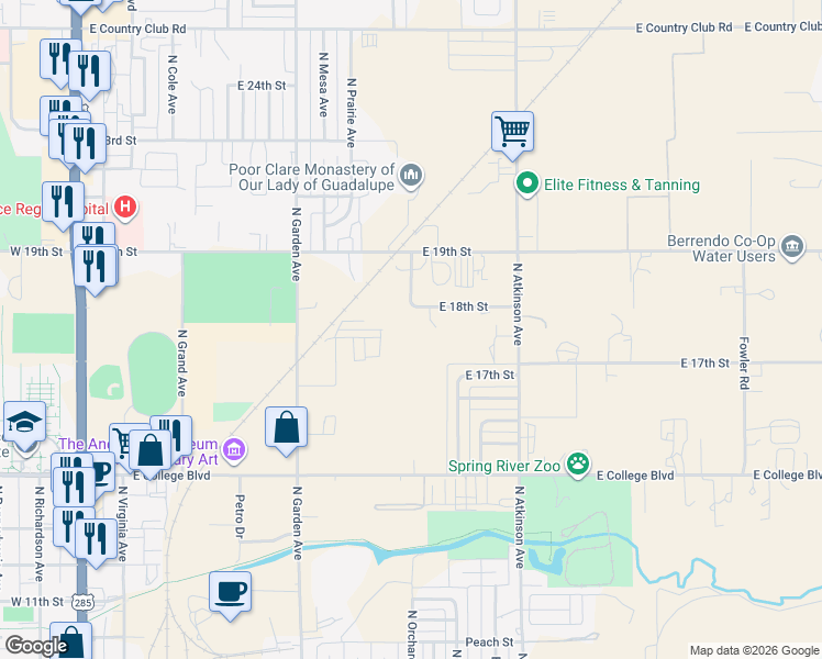 map of restaurants, bars, coffee shops, grocery stores, and more near 1000 East 18th Street in Roswell