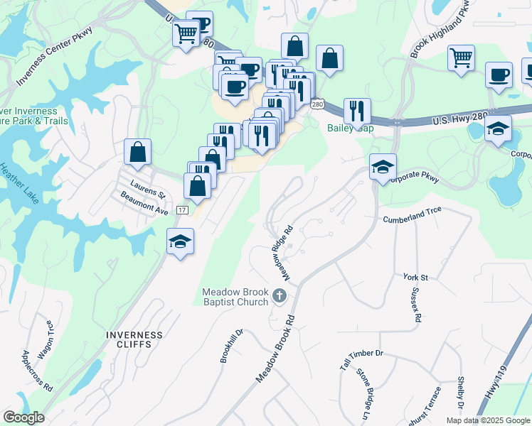 map of restaurants, bars, coffee shops, grocery stores, and more near 1105 Morning Sun Drive in Birmingham