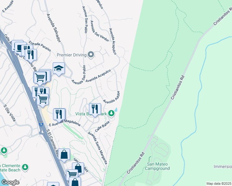 map of restaurants, bars, coffee shops, grocery stores, and more near 413 Avenida Adobe in San Clemente
