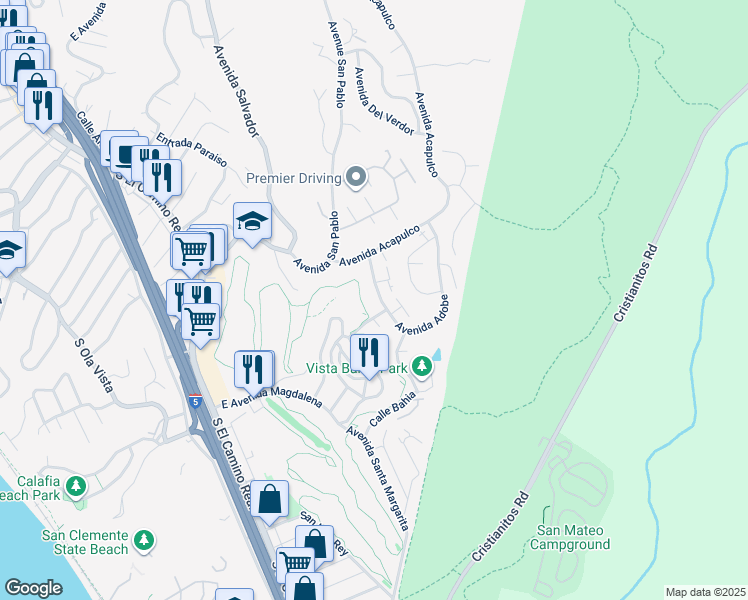 map of restaurants, bars, coffee shops, grocery stores, and more near 150 Avenida Adobe in San Clemente