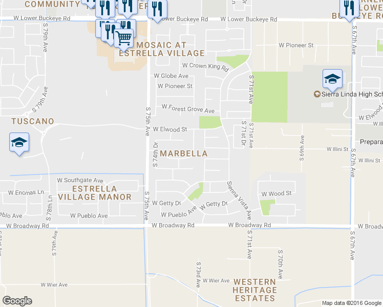 map of restaurants, bars, coffee shops, grocery stores, and more near 3714 South 73rd Drive in Phoenix