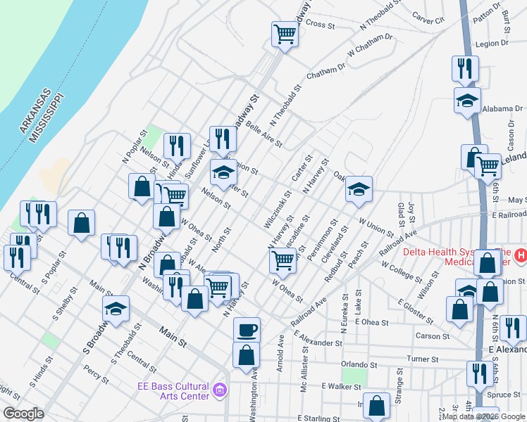 map of restaurants, bars, coffee shops, grocery stores, and more near 761-795 West Gloster Street in Greenville