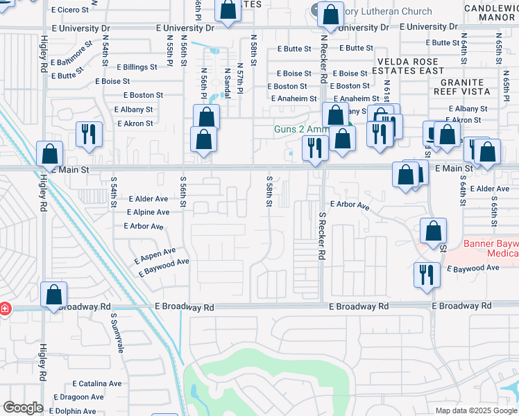 map of restaurants, bars, coffee shops, grocery stores, and more near 125 South 56th Street in Mesa