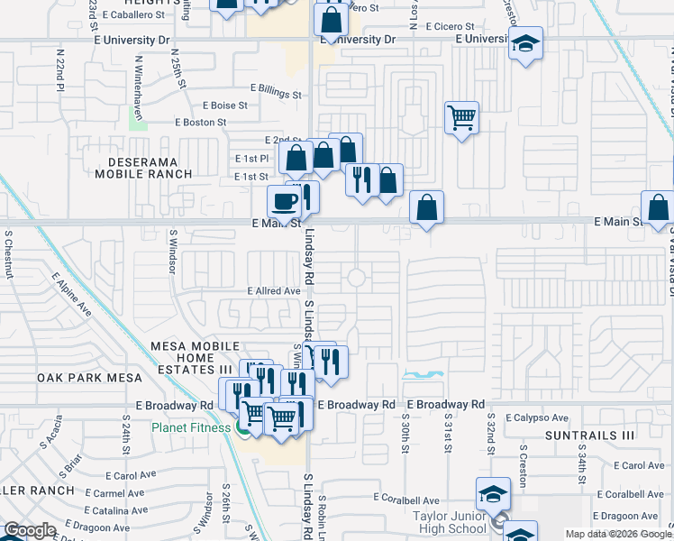 map of restaurants, bars, coffee shops, grocery stores, and more near 2849 East Main Street in Mesa