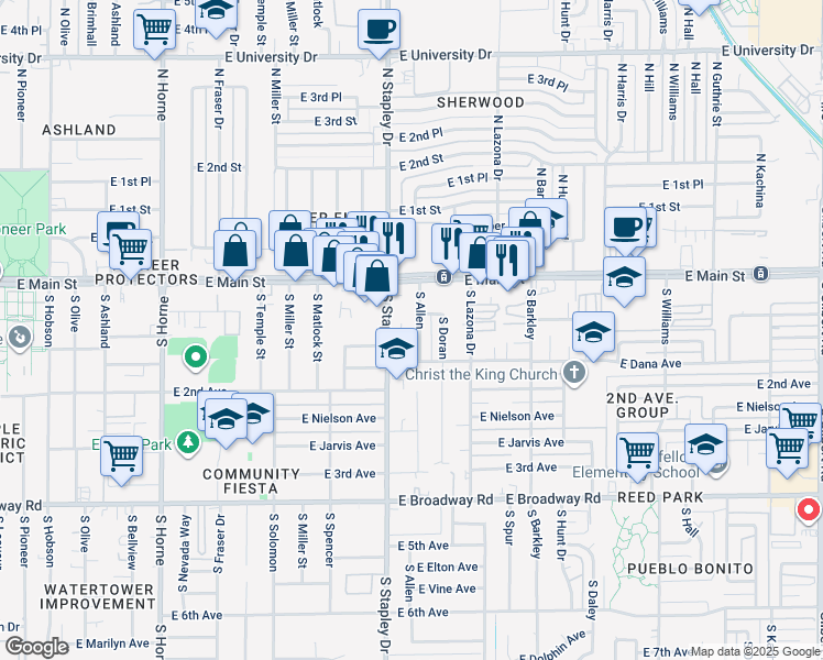 map of restaurants, bars, coffee shops, grocery stores, and more near 27 East Mahoney Avenue in Mesa