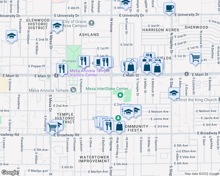 map of restaurants, bars, coffee shops, grocery stores, and more near 44 South Horne in Mesa