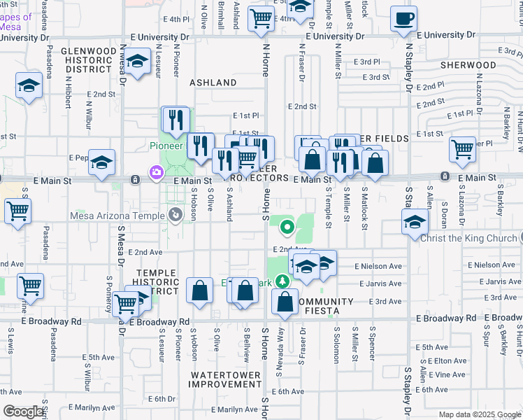 map of restaurants, bars, coffee shops, grocery stores, and more near 44 South Horne in Mesa