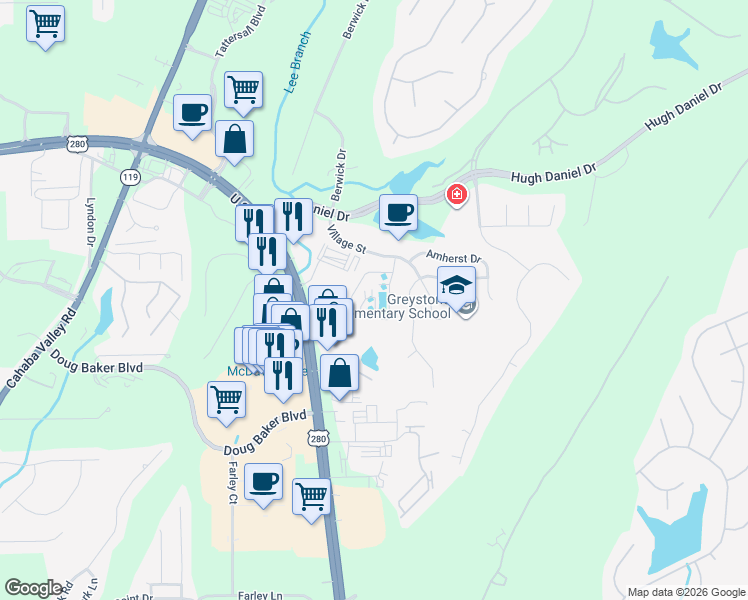 map of restaurants, bars, coffee shops, grocery stores, and more near 100-466 Village Street in Birmingham