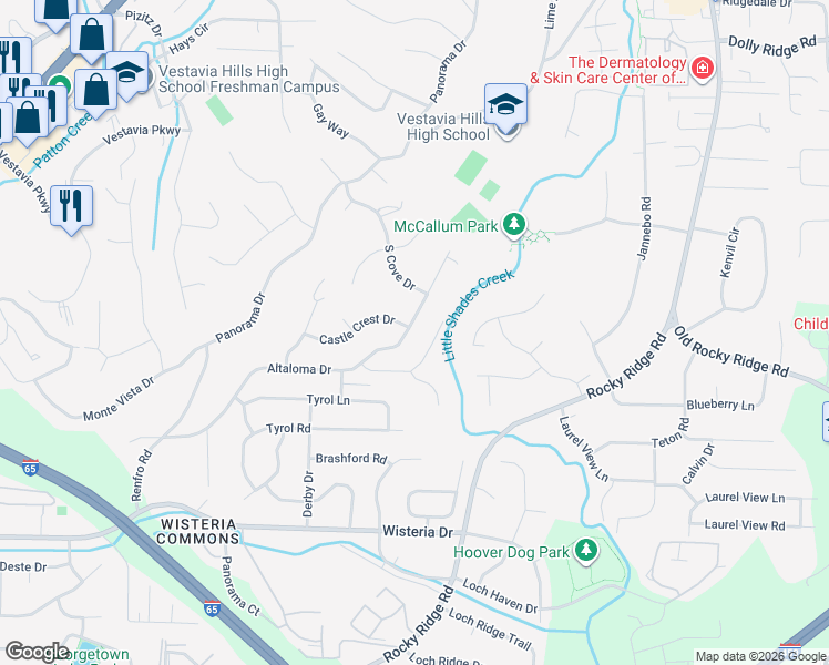 map of restaurants, bars, coffee shops, grocery stores, and more near 3345 Altaloma Drive in Vestavia Hills