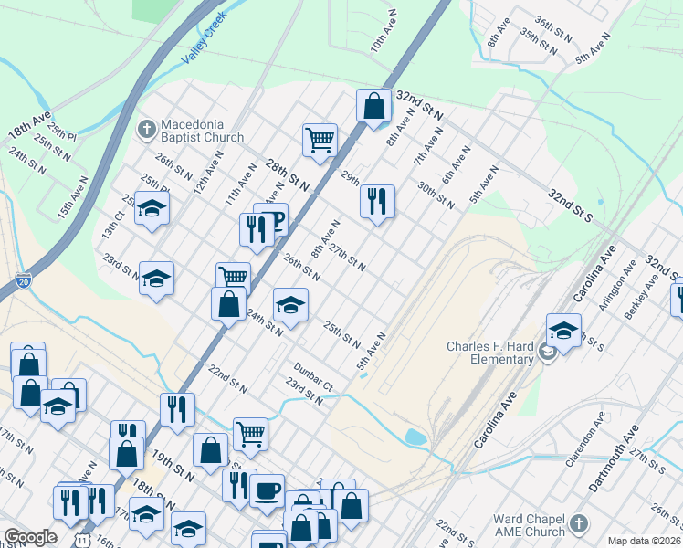map of restaurants, bars, coffee shops, grocery stores, and more near 2630 7th Avenue North in Bessemer