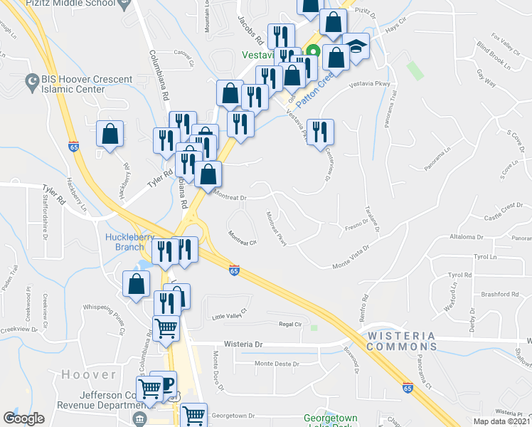 map of restaurants, bars, coffee shops, grocery stores, and more near 2001 Montreat Parkway in Vestavia Hills