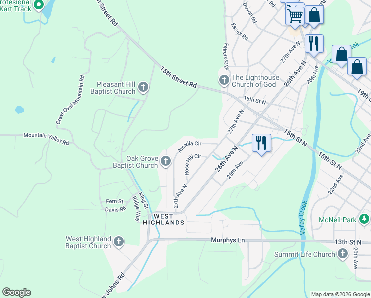 map of restaurants, bars, coffee shops, grocery stores, and more near 961 Arcadia Circle in Hueytown