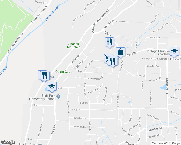 map of restaurants, bars, coffee shops, grocery stores, and more near 2447 Mountain Drive in Birmingham