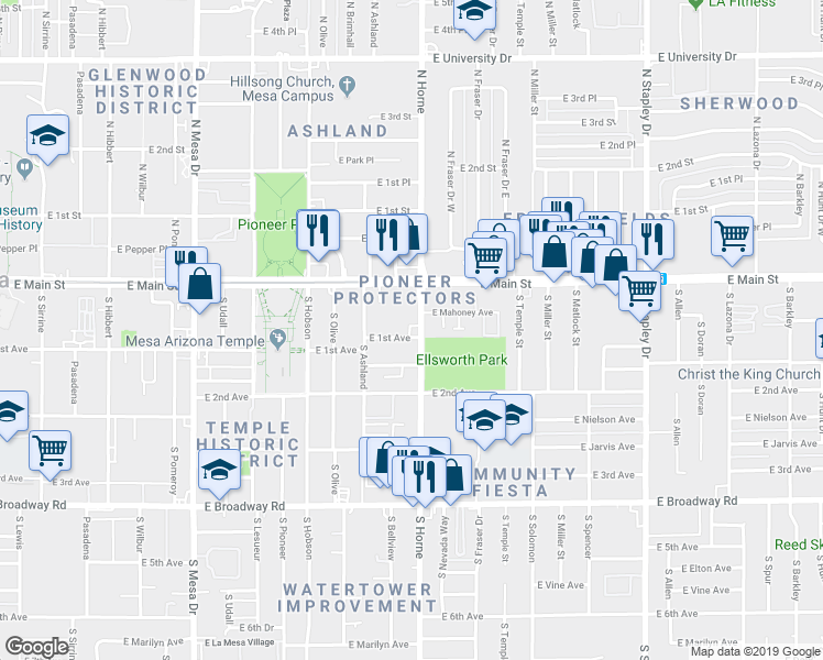 map of restaurants, bars, coffee shops, grocery stores, and more near 44 South Horne in Mesa