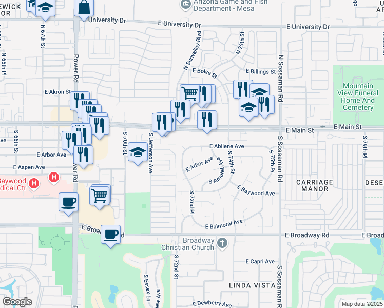 map of restaurants, bars, coffee shops, grocery stores, and more near 7237 East Abilene Avenue in Mesa