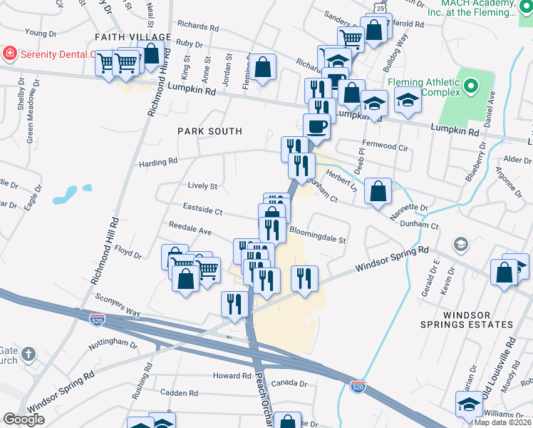 map of restaurants, bars, coffee shops, grocery stores, and more near 2103 Eastside Court in Augusta